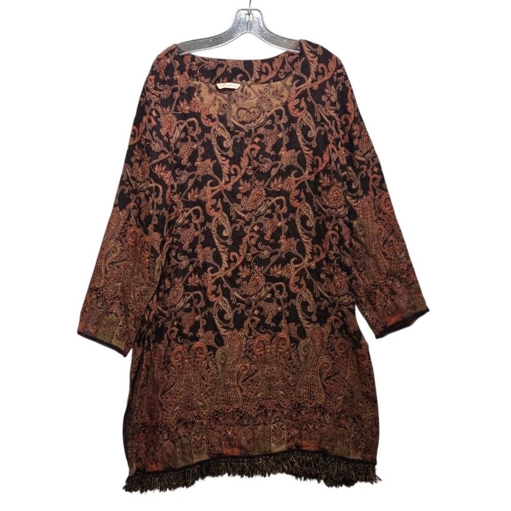 Soft Surroundings Dress Women's L Paisley Rustic Side Slit Artsy Fringe Pullover